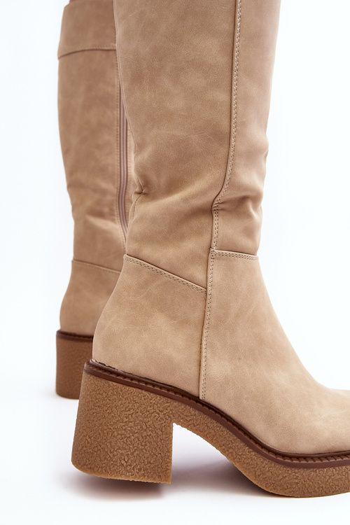 Ocieplane Kozaki Damskie Na Masywnym Obcasie Beżowe Calvisa