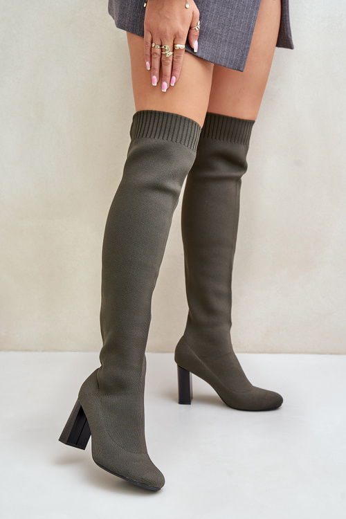 Kozaki Ze Skarpetkową Cholewką Za Kolano Na Słupku Ciemnozielone Esanira