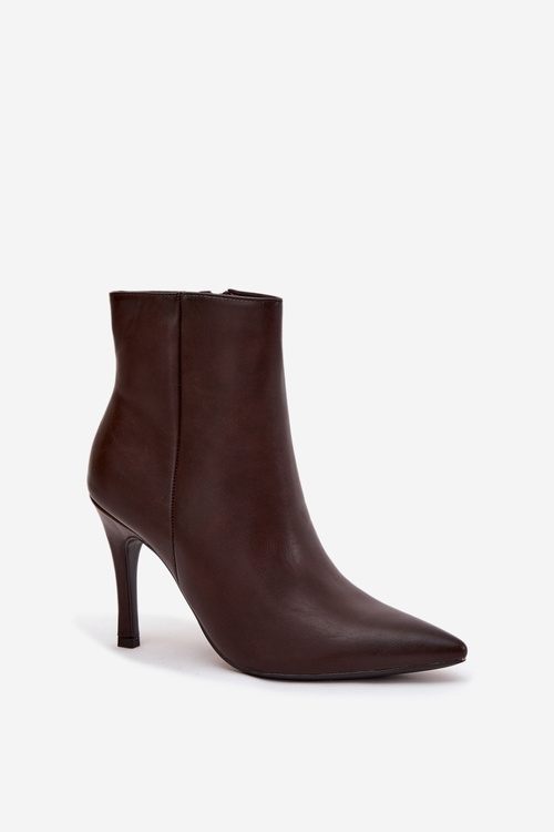 Ocieplane Botki Damskie Na Szpilce Eko Skórzane Czekoladowe Nolisse