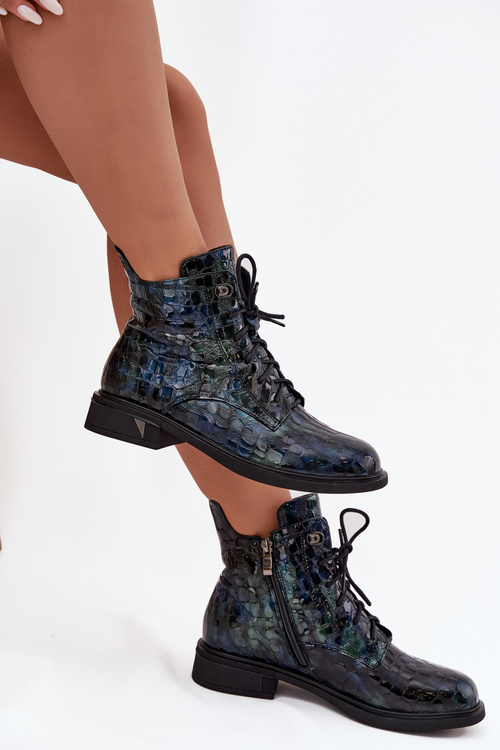 Lakierowane Botki Damskie Z Naturalnej Skóry D&A LZ52-962 Granatowe