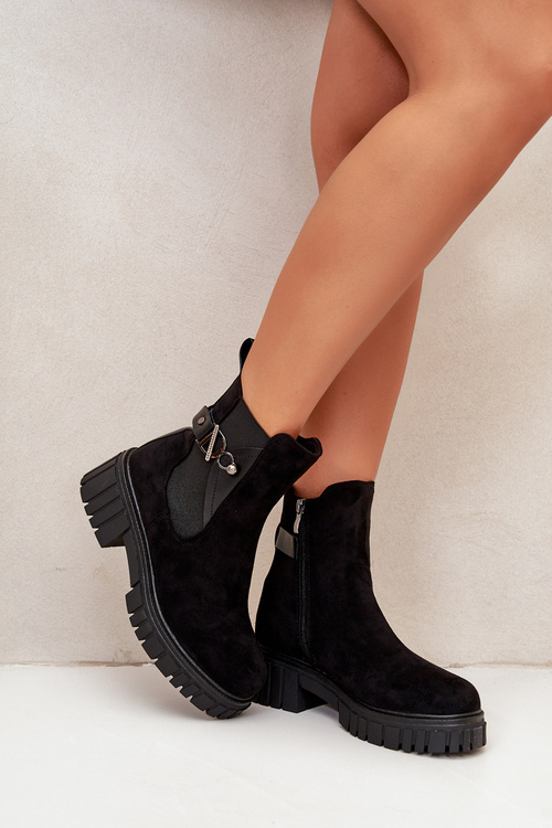 Ocieplane Botki Damskie Ze Złotym Detalem Eko Zamszowe Czarne Bervena