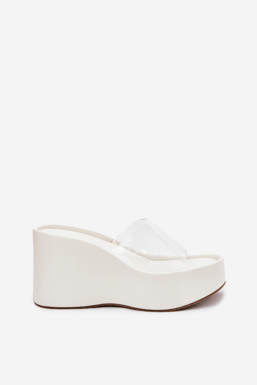 Klapki Damskie Na Koturnie Z Transparentnym Paskiem Białe Zolretia