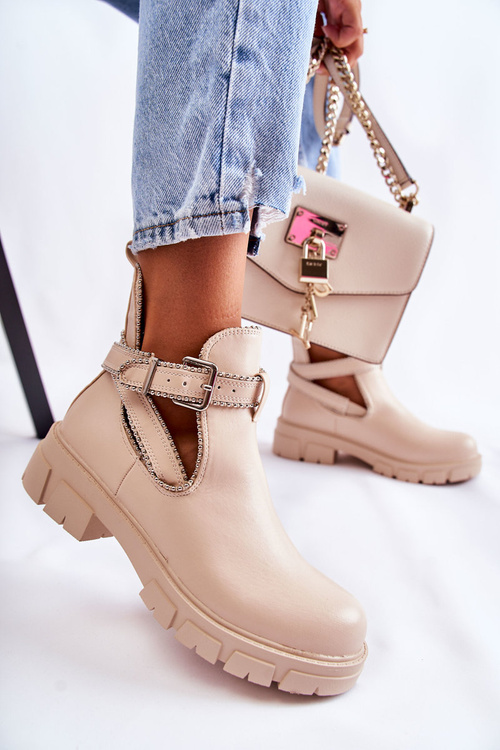 Damskie Skórzane Botki Z Ćwiekami Beżowe Clares