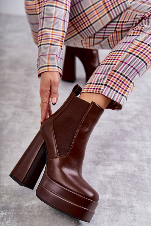 Damskie Skórzane Botki Na Masywnym Obcasie Brązowe Jones