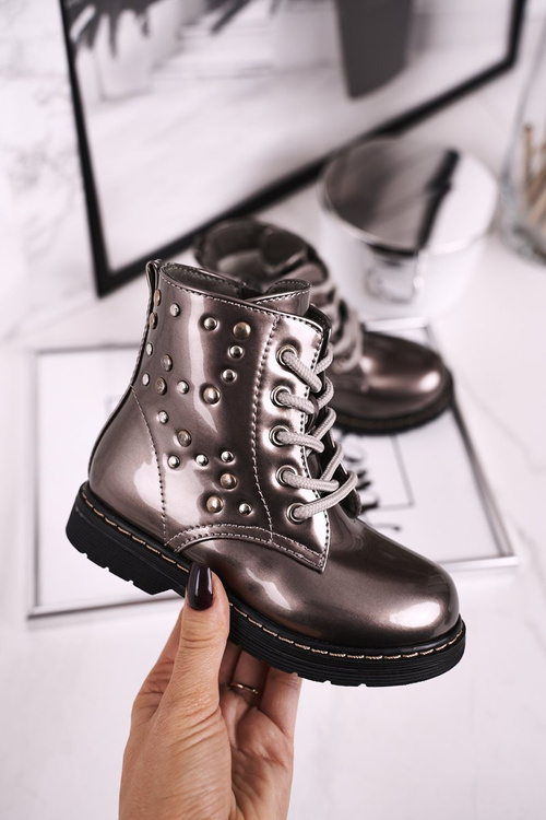 Dziecięce Ocieplane Botki z Dżetami Lakierowane Szare Fame