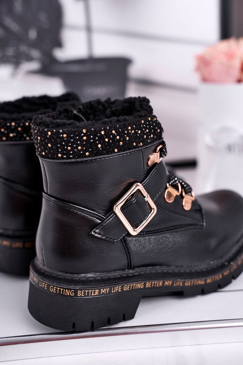 Dziecięce młodzieżowe botki z kożuszkiem czarne Rhythm