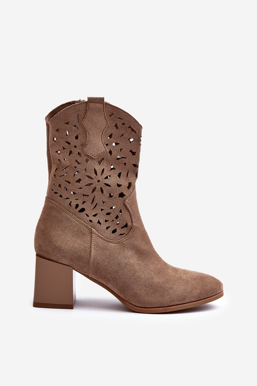 Zamszowe Botki Z Ażurową Cholewką Na Klocku Ciemnobeżowe Irvelame