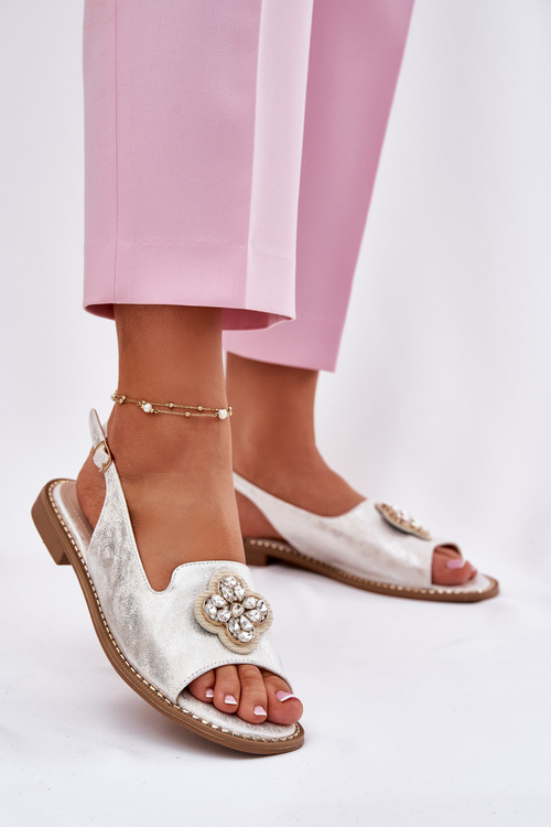 Sandały Damskie Na Płaskim Obcasie Z Ozdobnym Detalem S.Barski KV51-080 Srebrne