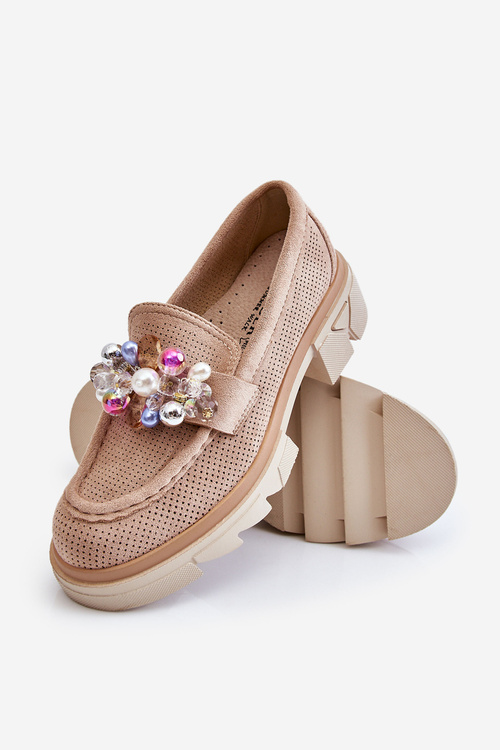 Damskie Półbuty Mokasyny Z Ozdobami Beżowe Issac