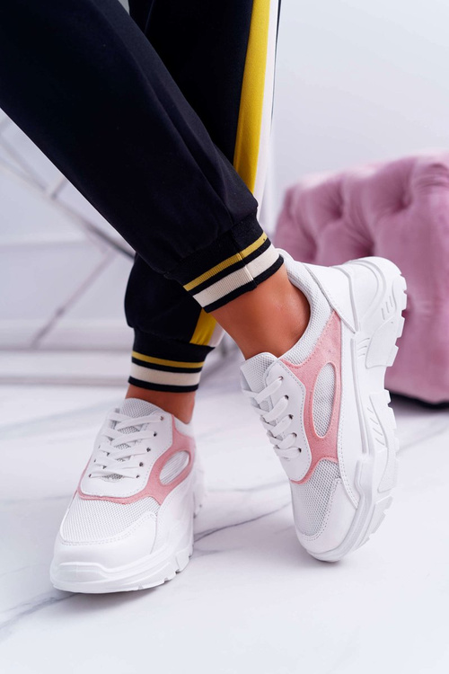 Sportowe Damskie Buty Gruba Podeszwa Biało Różowe HighStep