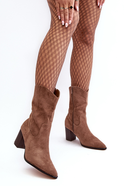 Damskie Kowbojki Botki Na Słupku Ciemnobeżowe Danell