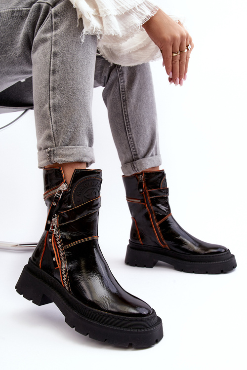 Damskie Lakierowane Skórzane Botki Z Suwakami Maciejka 06238-18 Czarne