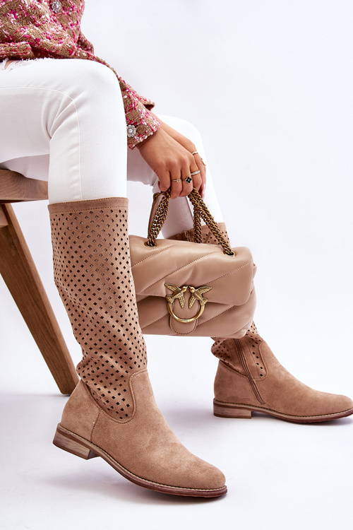 Damskie Zamszowe Ażurowe Kozaki Przed Kolano Beżowe Savannah