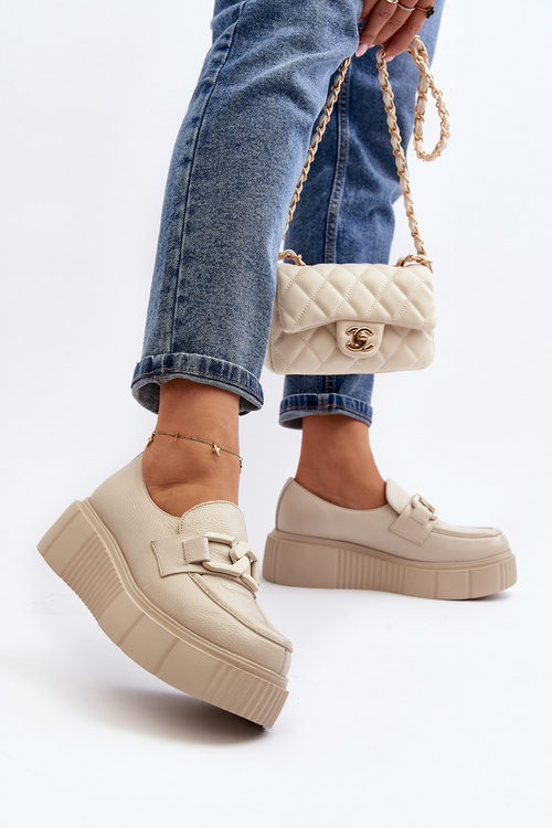 Zazoo 20101 Modne Skórzane Półbuty Na Platformie Jasnobeżowe