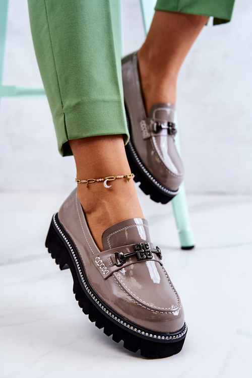 Lakierowane Skórzane Półbuty Z Ozdobą Jasnobrązowe Adison