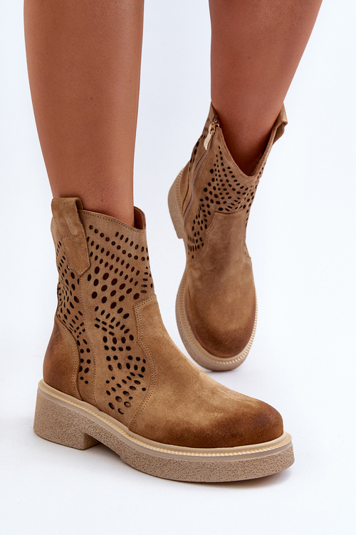 Zazoo 3470 Zamszowe Botki Damskie Na Płaskim Obcasie Ażurowe Beżowe