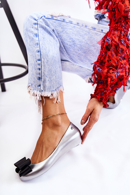 Damskie Gumowe Baleriny Z Kokardą Srebrne Florret