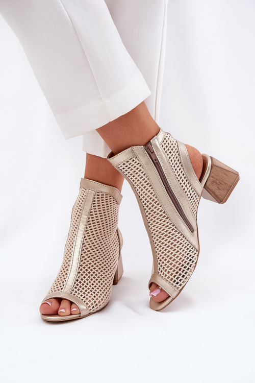 Skórzane Botki Damskie Na Obcasie Z Odkrytą Piętą Maciejka 06899-25 Złoto-Beżowe