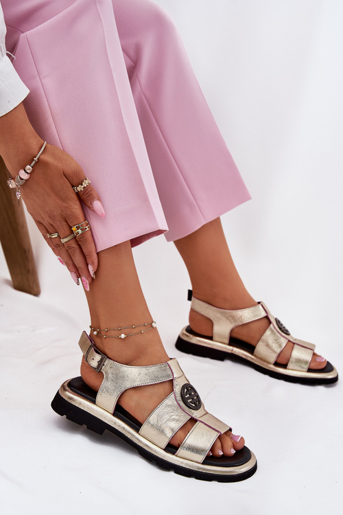 Skórzane Sandały Damskie Lakierowane Z Ozdobnym Detalem Artiker 56C0689 Złote