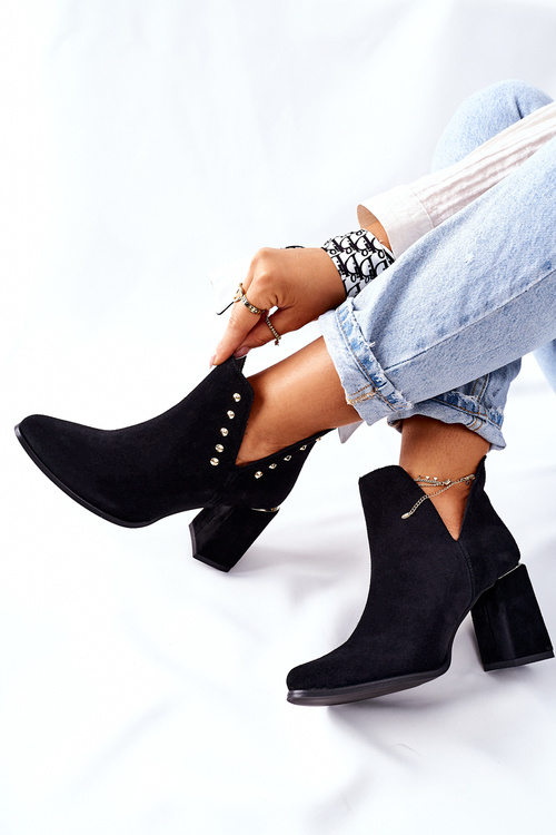 Damskie Zamszowe Botki Z Wycięciami Lewski Czarne 3075