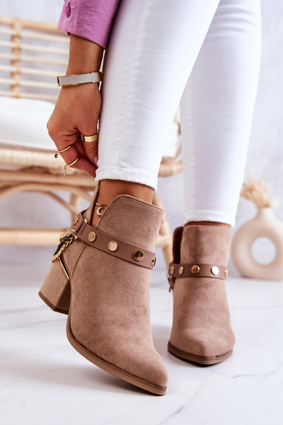 Zamszowe Damskie Botki Z Łańcuszkami Ciemnobeżowe Tracy