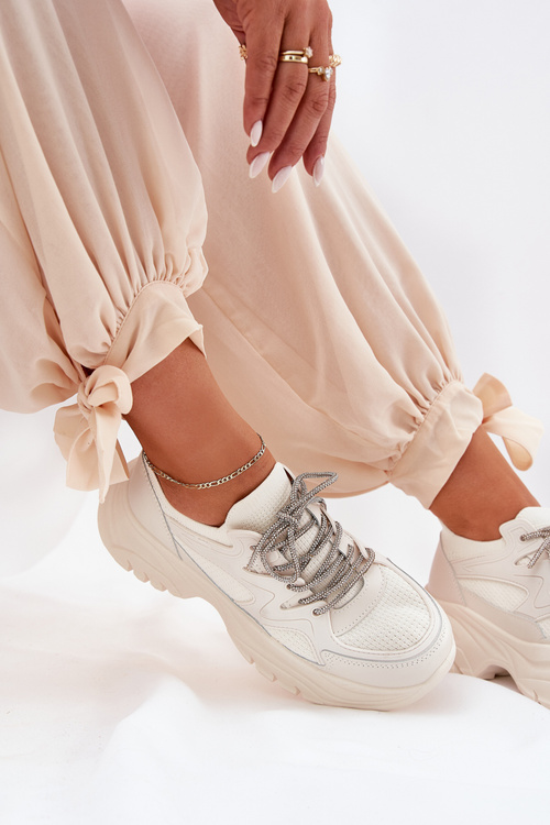 Sneakersy Damskie Na Platformie Ozdobnym Sznurowaniem Beżowe Evalianne