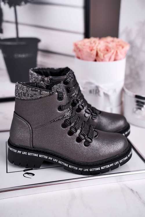 Dziecięce młodzieżowe botki z kożuszkiem szare Snowflake