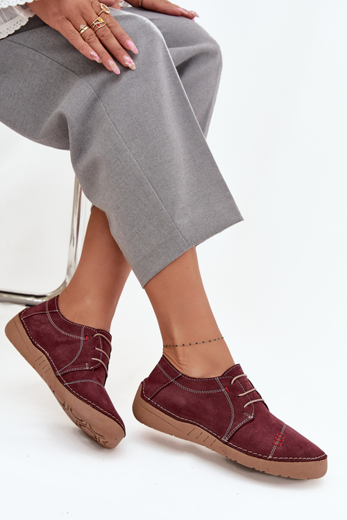 Skórzane Półbuty Damskie Z Przeszyciami Artiker 57C2111 Bordowe