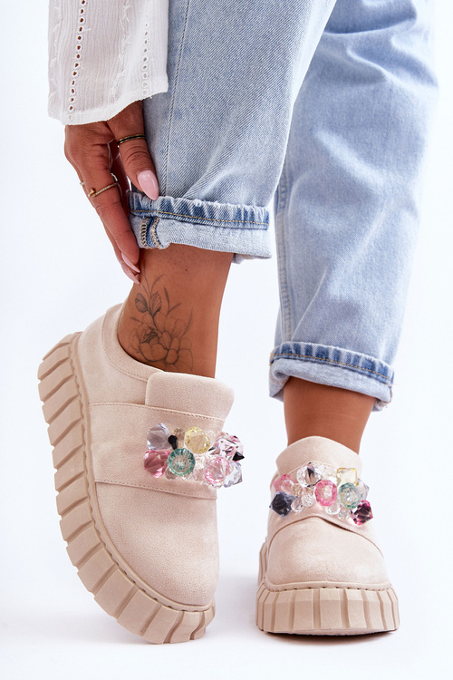 Modne Wsuwane Buty Sportowe Półbuty Z Ozdobą Beżowe Desire