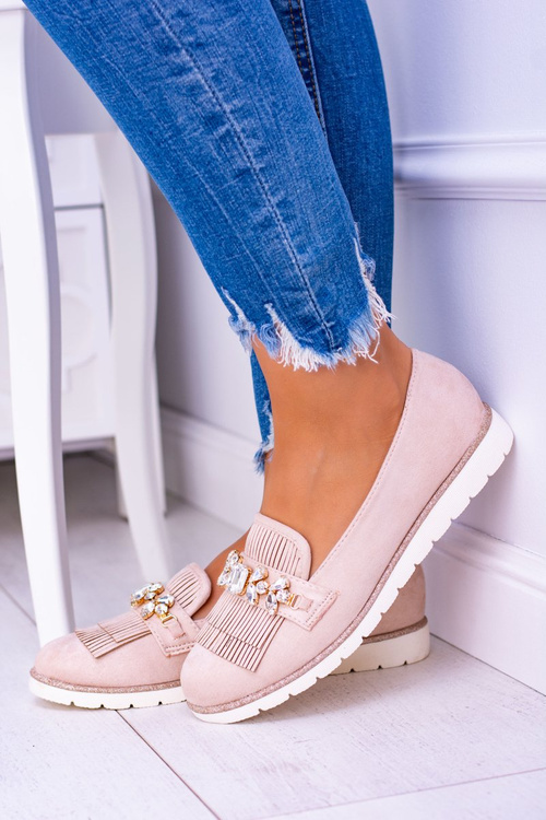 Beżowe Zamszowe Mokasyny z Kryształami Vivaro