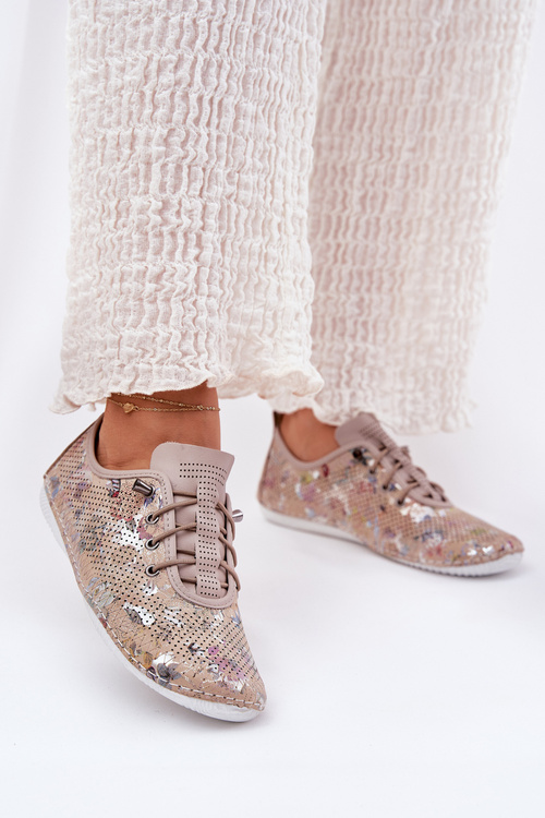 Półbuty Damskie Ze Skóry Naturalnej Wzorzyste Artiker 56C2689 Beżowe