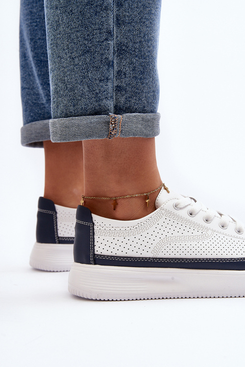Damskie Skórzane Buty Sportowe Sneakersy Biało-Granatowe Failla