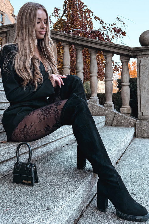 Kozaki Damskie Za Kolano Na Słupku Eko Zamszowe Czarne Tahlina