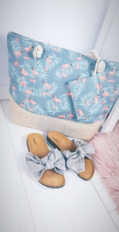 Plażowa Duża Niebieska Torebka Torba Damska Flamingi