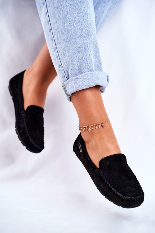 Mokasyny Damskie Skóra Zamsz Czarne Papito