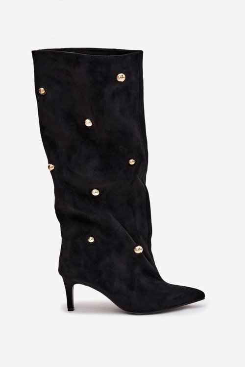 Wsuwane Kozaki Damskie Na Szpilce Ze Złotymi Ozdobami Czarne Thaliane