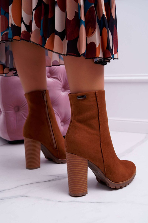 Botki Damskie na Słupku Zamszowe Camel Cadillac