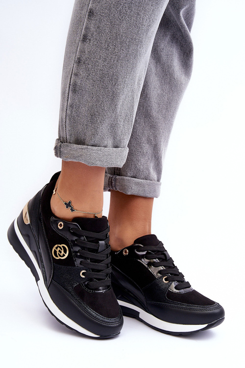 Damskie Sznurowane Buty Sportowe Na Koturnie Czarne Genova