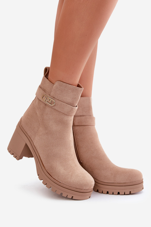 Botki Damskie Na Słupku Eko Zamszowe Ocieplane Na Zamek Beżowe Laonora