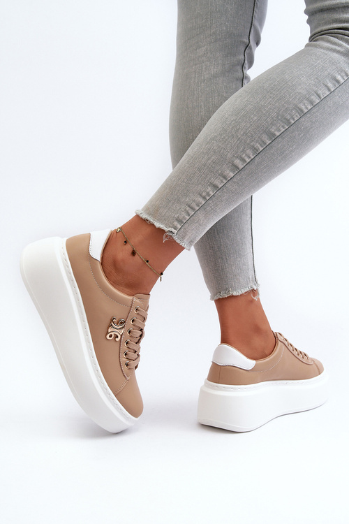 Skórzane Sneakersy Damskie Na Platformie Brązowe Pernalia