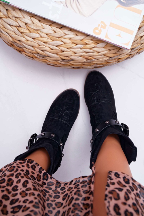 Botki Damskie Płaski Obcas Kowbojki z Klamrą Czarne Ewella