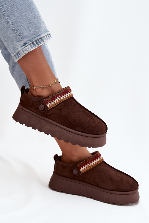 Śniegowce Damskie Niskie Z Ruchomym Paskiem I Haftem Na Platformie Czekoladowe Lyrisse