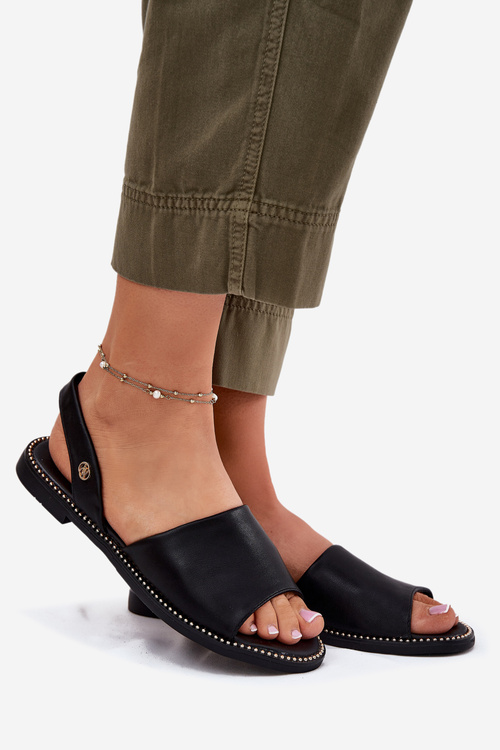 Sandały Damskie Na Płaskim Obcasie Eko Skórzane Czarne Dereka