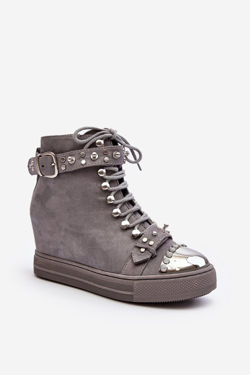 Ocieplane Botki Na Koturnie Z Dżetami Zamszowe Lu Boo Szare