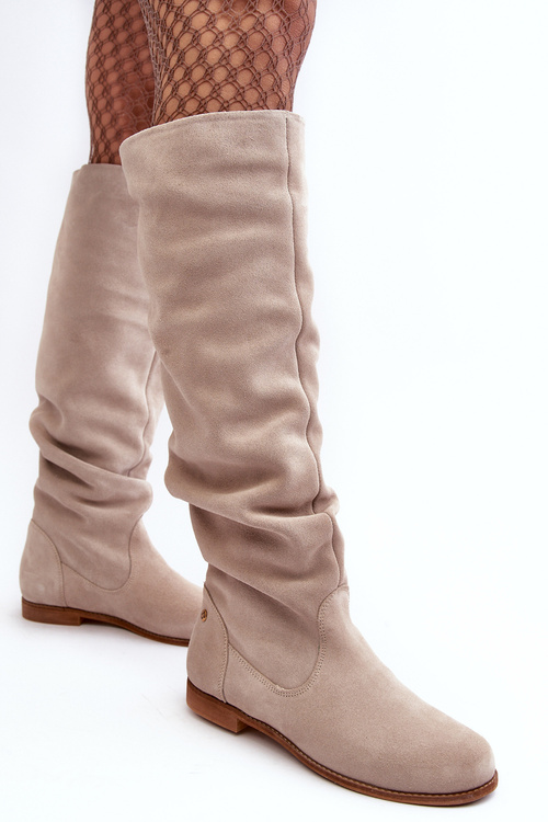 Damskie Zamszowe Kozaki Do Kolan Maciejka 05790-22 Jasnobeżowe