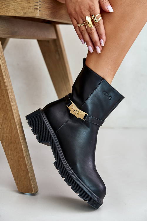 Skórzane Botki Damskie Z Paskiem Ocieplane GOE OO2N4150 Czarne