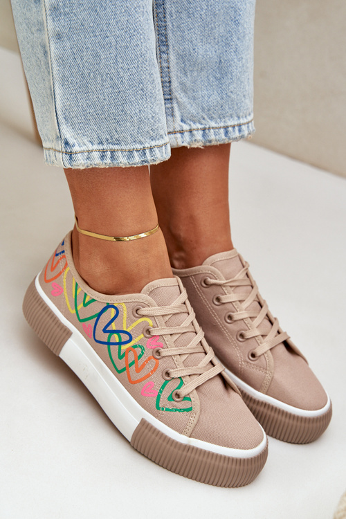 Trampki Tenisówki Damskie W Serca Ciemnobeżowe Fonirea