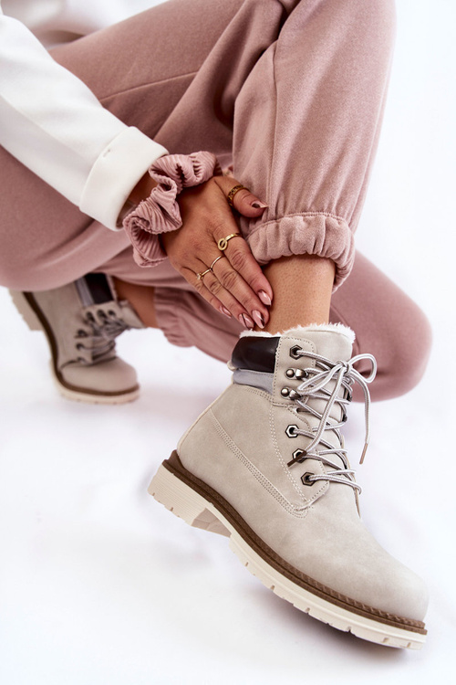 Damskie Ocieplane Botki Trapery Jasnoszare Lonne