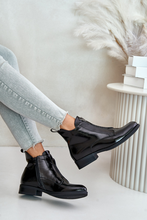 Lakierowane Niskie Botki Damskie Na Płaskim Obcasie Ocieplane Czarne S.Barski HY42-120 Czarne