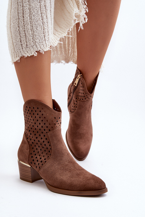 Ażurowe Botki Na Niskim Obcasie Brązowe Cilvana